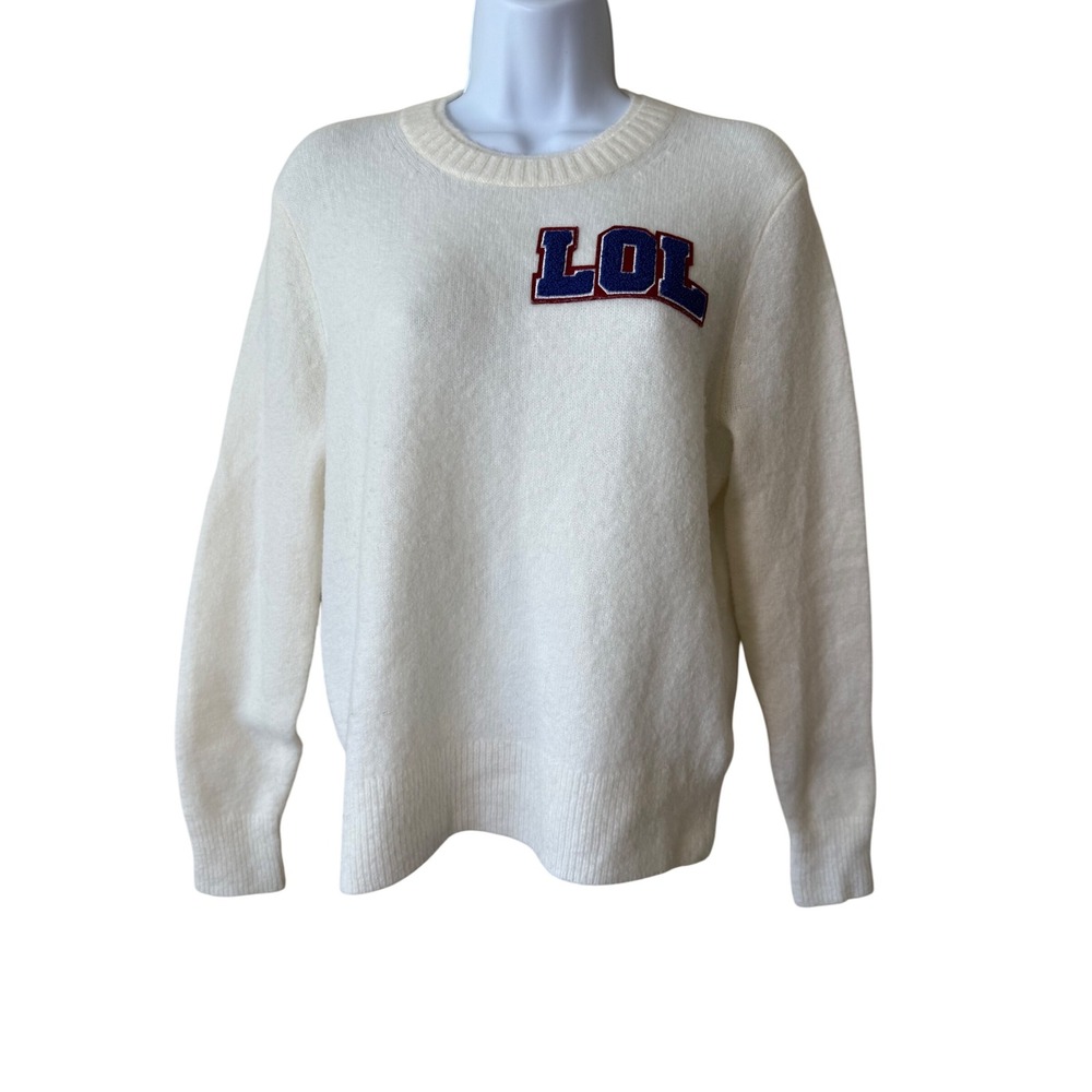 J Crew Women's Ivory LOL Varsity‎ Patch Crew Neck Pullover Sweater Small Cute
